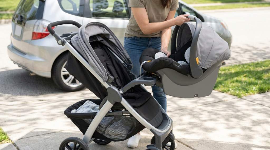 Parent docking Chicco KeyFit infant car seat securely into aluminum Bravo stroller frame.