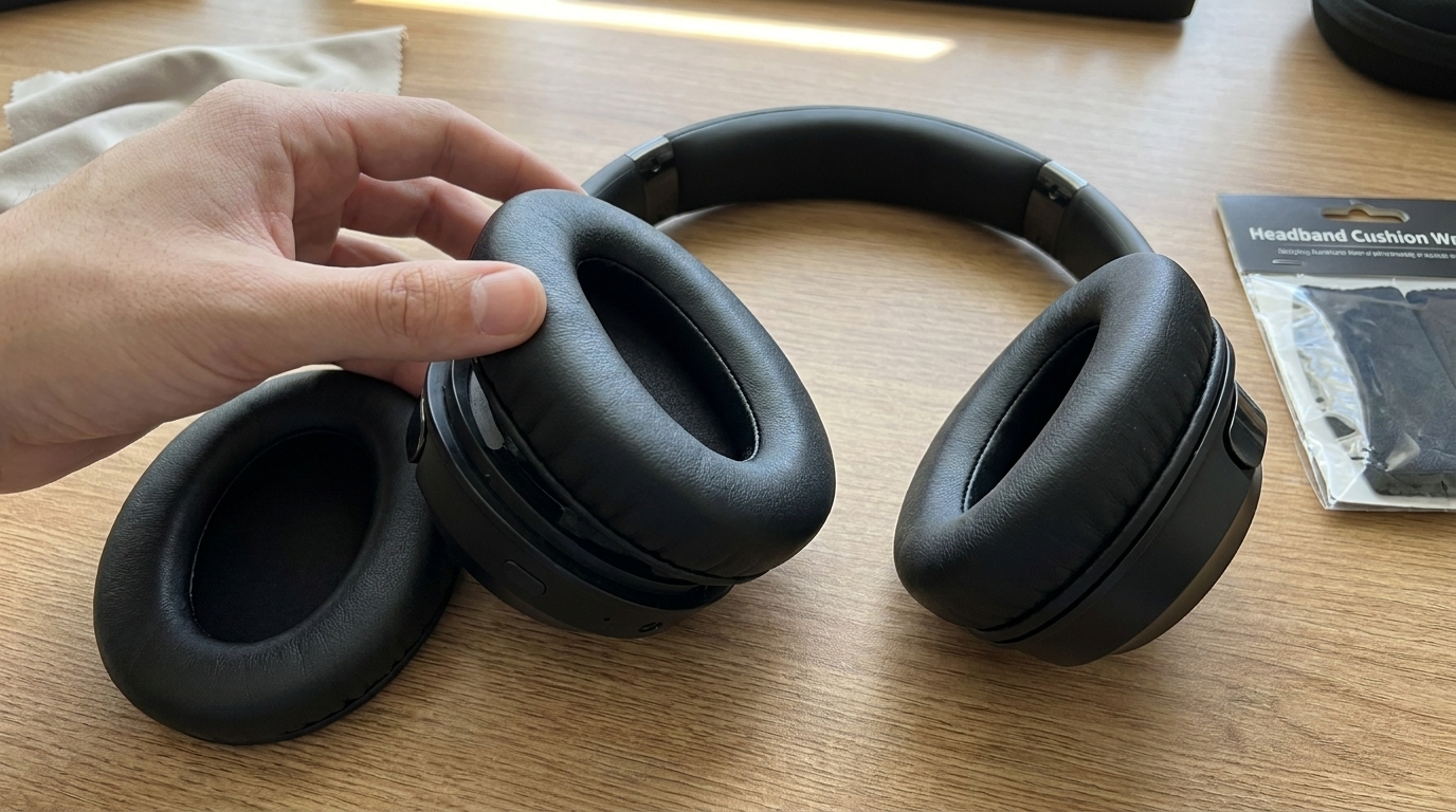 Person adjusting headband on Beribes over-ear headphones for better comfort