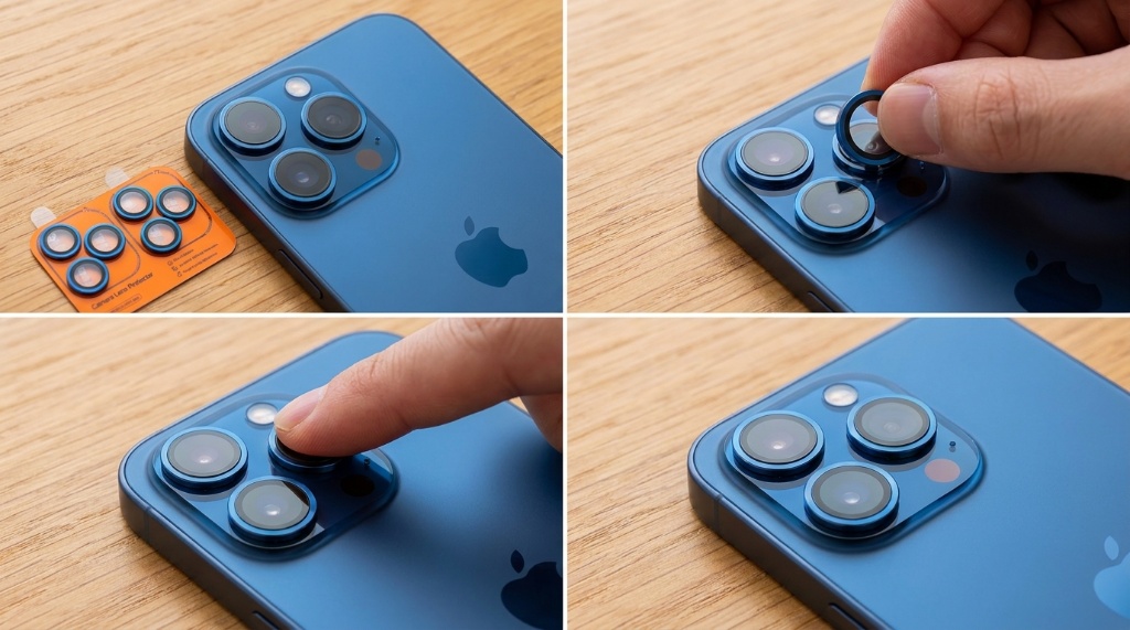 Pressing a camera lens protector from the center outward to remove bubbles