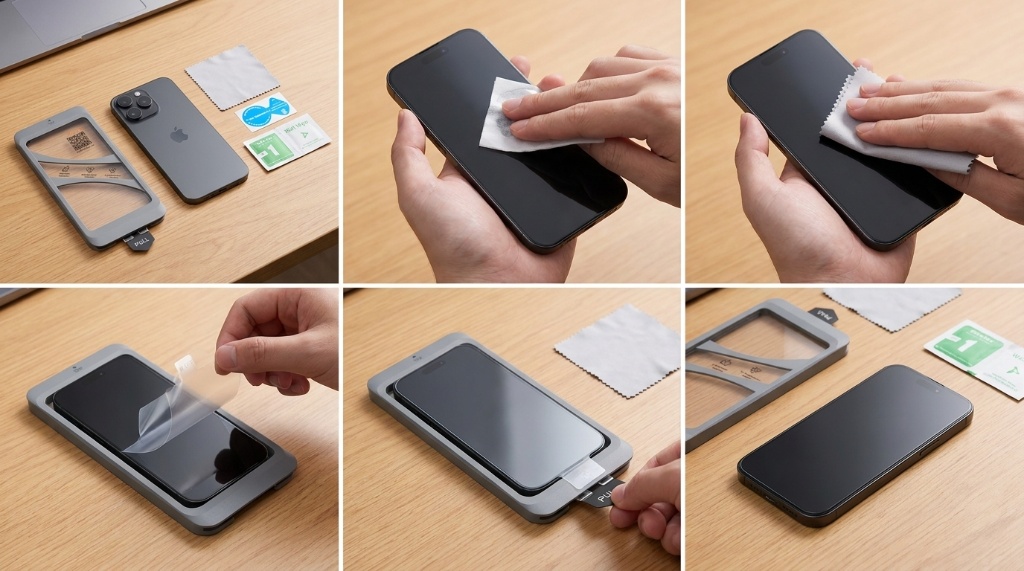 Pressing center of Tauri screen protector to remove bubbles on iPhone 15 Pro Max.