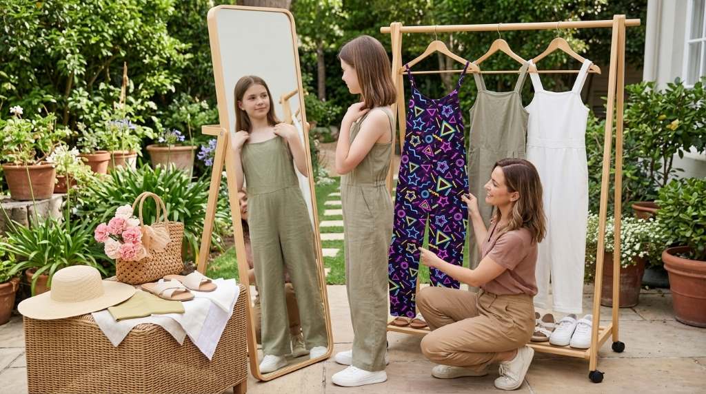 Raisevern tropical floral girls jumpsuit with hands resting comfortably in deep side pockets.