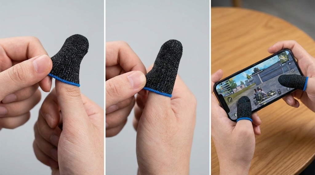 Risoka finger sleeve placed on thumb for mobile gaming