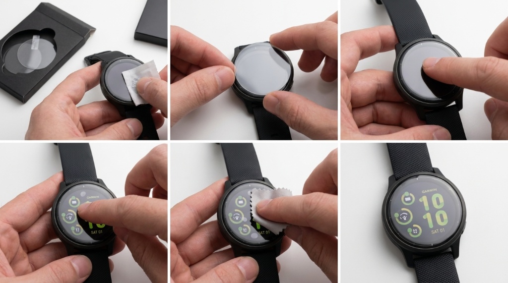 Squeegee pressing bubbles out of a screen protector on a smartwatch