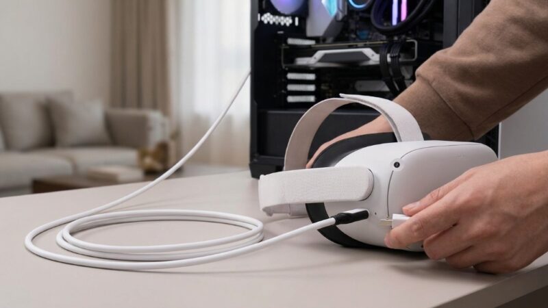 Syntech Link Cable connected to the side of a Meta Quest 2 headset