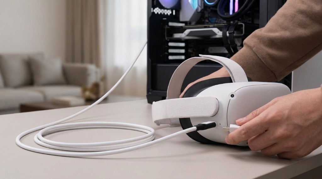 Syntech Link Cable connected to the side of a Meta Quest 2 headset