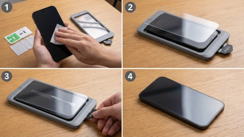 Tauri Screen Protector for iPhone 15 Pro Max kit with alignment tray and cleaning cloth.