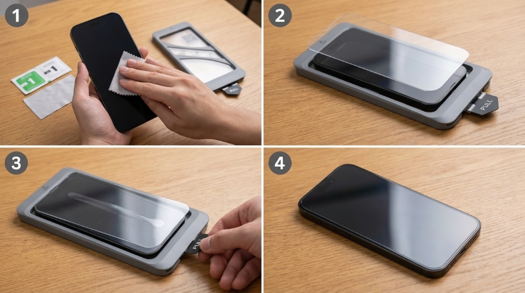 Tauri Screen Protector for iPhone 15 Pro Max kit with alignment tray and cleaning cloth.