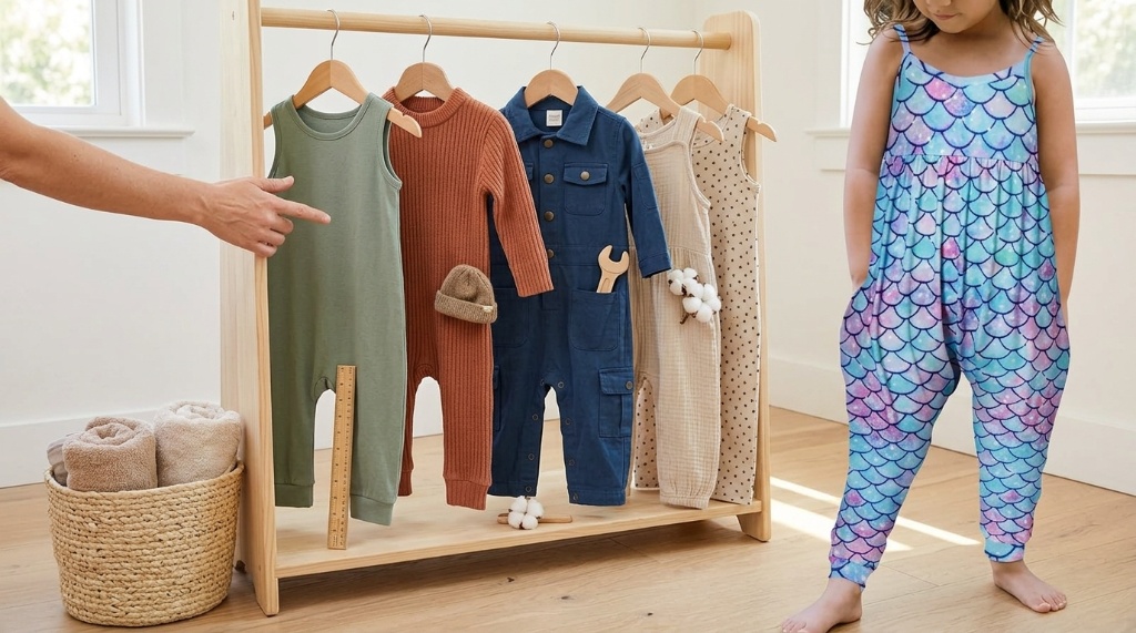 Parent measuring toddler height against a wall before choosing a jumpsuit size