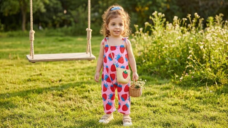 Toddler girl wearing pink Lindanina romper jumpsuit and white sneakers playing on lawn.