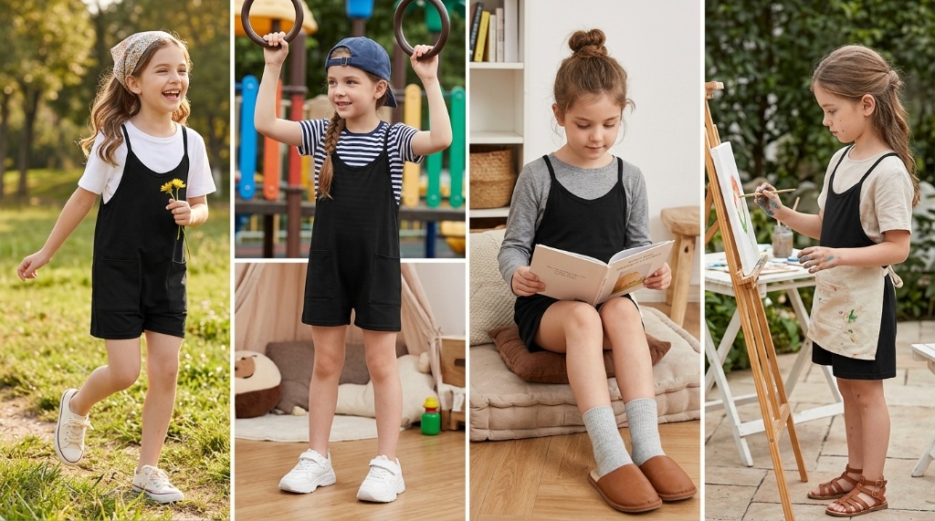 Toddler in a casual romper with sun hat and sandals outdoors