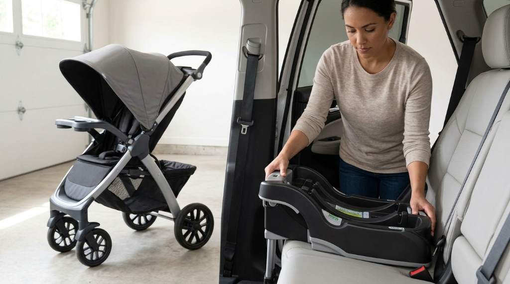 Toddler sitting comfortably under extended UPF 50+ canopy of Chicco Bravo stroller in park.