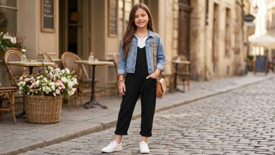 Tween girl wearing olive green CNKWEI wide-leg sleeveless jumpsuit and sandals in city park.